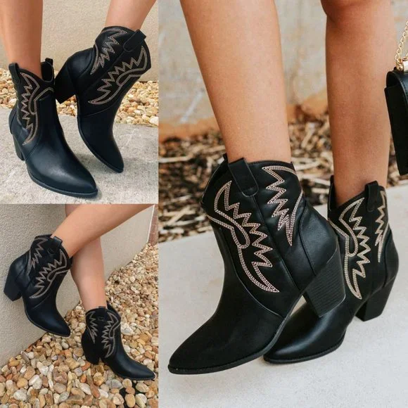 NEW Black Pointy Toe Block Heel Western Stitch Embroidery PU Leather Ankle Boots - Picture 10 of 10